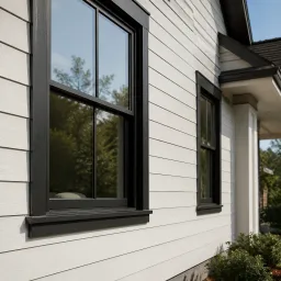New siding and black-trim windows on a bright home facade