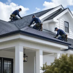 Roofing crew working on a clean residential roof in daylight